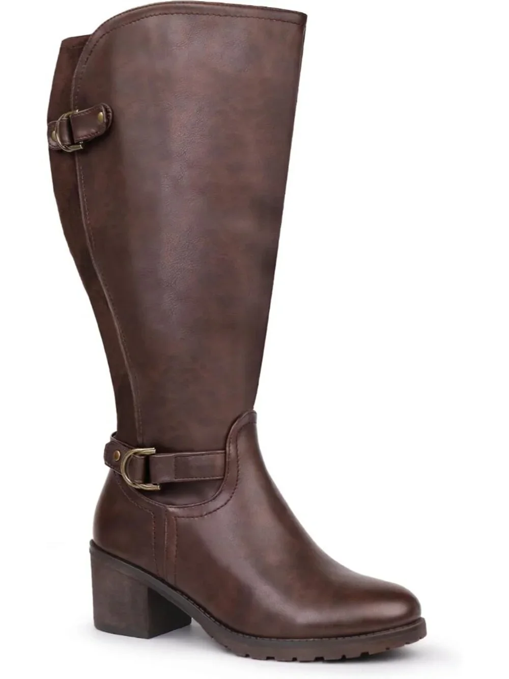 Women's Brown Wide Calf Block Heel and Decorated Double Buckle  Knee High Boots